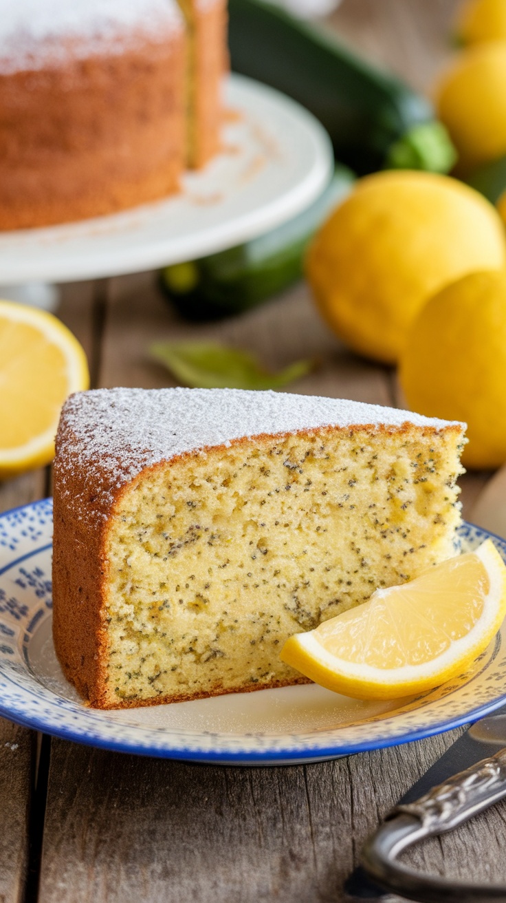 Slice of Lemon Poppy Seed Zucchini Cake on a plate, garnished with powdered sugar and lemon.